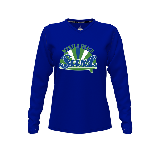 [CUS-DFW-TEES-PER-VNK-LSL-RYL-FYXS-LOGO1] Performance T-Shirt (Female Youth XS, Royal, V Neck, Logo 1, Long Sleeve)