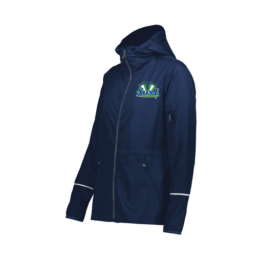 [229782.065.XS-LOGO1] Ladies Packable Full Zip Jacket (Female Adult XS, Navy, Logo 1)